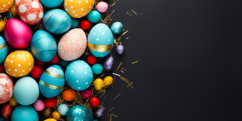 A vibrant assortment of decorated Easter eggs on a dark background with straw and glitter accents.