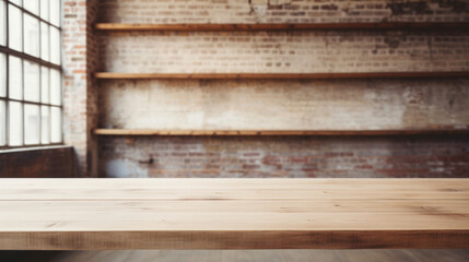 A wooden table in front of a brick wall - obrazy, fototapety, plakaty