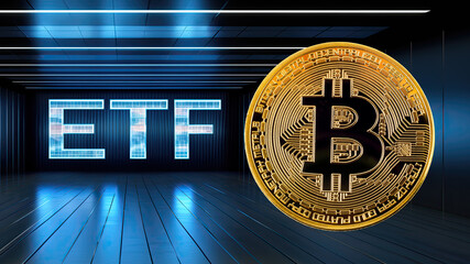 Btc Bitcoin metal coin and sign showing ETF - AI Generated