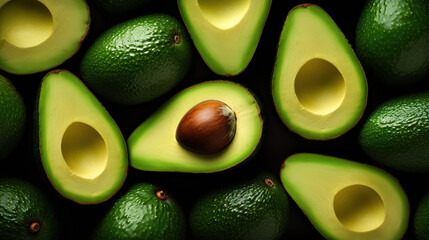Avocado background. Top view, whole and cut in half
