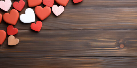 Assorted red and white hearts of different sizes and textures on a dark wood background.