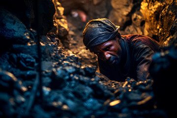concept of poor African people suffer by extracting useful minerals in inhumane conditions. Cobalt mining in the Congo. Silent genocide in the Congo - obrazy, fototapety, plakaty