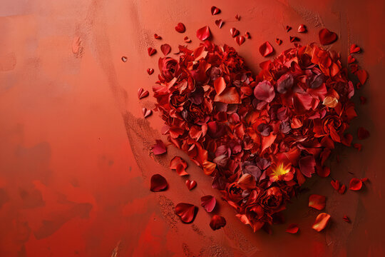 Heart of rose petals on a red background with copy space. Valentine's card background created with AI.