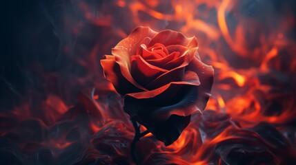 A red rose sitting on top of a pile of fire