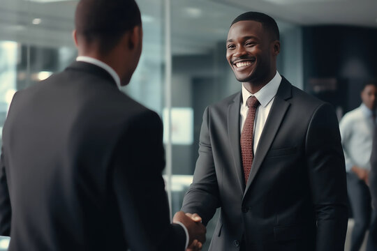 A meeting between a men in a business office workplace environment to hire, enrol, introduce or conclude deal or introduce each other in a happy relaxed atmosphere