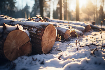 Snow Dusted Log Pile in Winter Forest