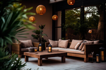 A modern garden lounge boasts a terrace house with plants, a wooden table and wall, a comfortable couch, and ambient lamps. Wooden veranda includes garden chairs for added relaxation.