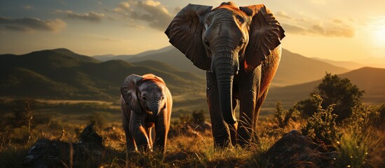 A calf right next to the father elephant - obrazy, fototapety, plakaty