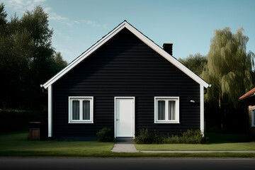 Fototapeta na wymiar A recently constructed house features sleek black walls and contrasting white windows.