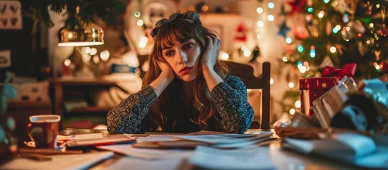 Fotobehang Stressed mom overwhelmed with Christmas party planning. © TheWaterMeloonProjec