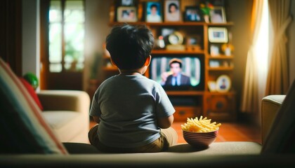 Cute little boy watching movie on tv while sitting on sofa at home - obrazy, fototapety, plakaty