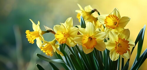 Fototapeta premium A bunch of yellow daffodils, their trumpet-like flowers bright, against a gradient background transitioning from yellow to soft green.