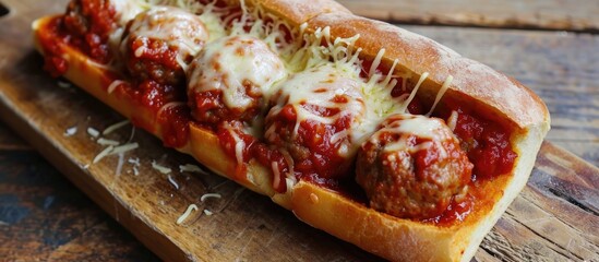 American fast food meatball sub with Italian marinara sauce and cheese. - obrazy, fototapety, plakaty