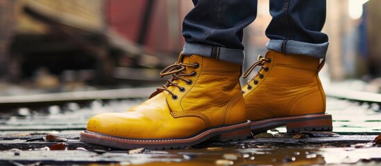 American classic work shoes in new yellow leather, ideal for outdoor and travel, complete with socks.