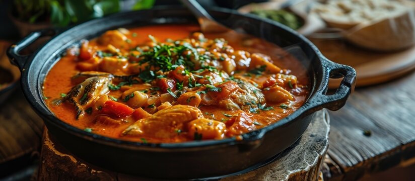 Brazilian fish stew moqueca baiana in a modern cast-iron dish.