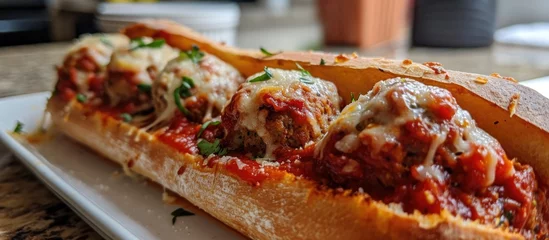 Fotobehang Cheesy homemade meatball sub with marinara and provolone. © TheWaterMeloonProjec