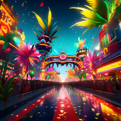 An explosion of festive masks and colorful confetti hovers in the air.
Predominant colors: purple, gold, silver and green.
Tropical Carnival:

A tropical scene with palm trees, coconut trees and samba