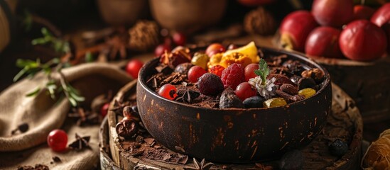 fruit mixture in cocoa container