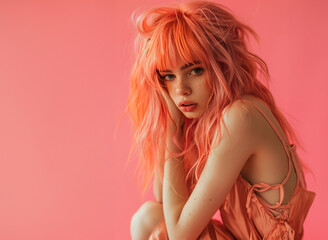 fancy teen model girl with peach color dyed hair