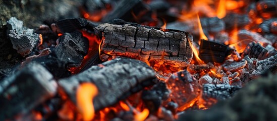 Embers and ash intertwine in the hearth. Charcoal briquettes create a fiery backdrop. Bonfire cooking with coal. Barbecue ashes for outdoor food preparation. - obrazy, fototapety, plakaty