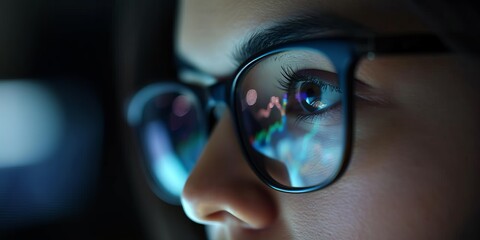Close-up portrait showing the face of a young woman wearing glasses with a reflection of a computer screen.