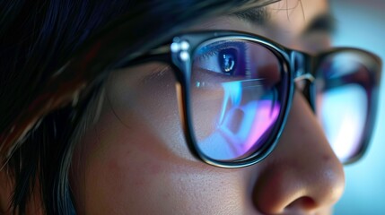 Close-up portrait showing the face of a young woman wearing glasses with a reflection of a computer screen.