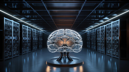 big data and artificial intelligence, featuring a server room with glowing data streams and a vivid digital representation of AI, symbolizing cutting-edge technology and innovation in computing.