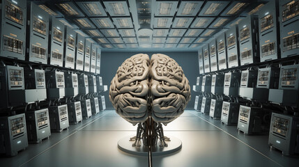 Digital brain of light hovers over circuit board leading to server racks, representing AI, machine learning, and smart data processing in computing