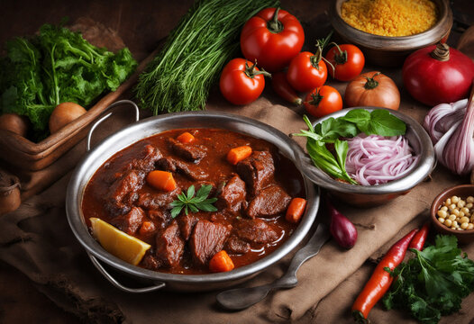 Tasty spicy beef with various vegetables cooked in tagine