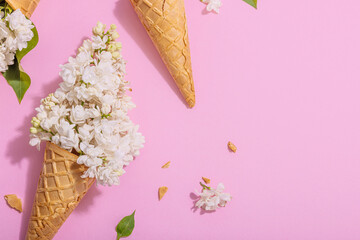 White lilac flowers in waffle ice cream cones on pink background. Flat lay