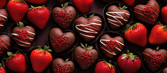 Assorted chocolate-covered strawberries in heart-shaped packaging. - obrazy, fototapety, plakaty
