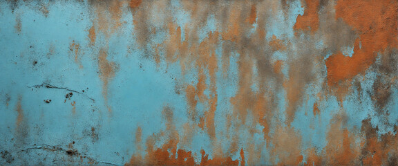 Blue and orange weathered abstract concrete and stone texture background banner with assorted rusted metal and steel elements (complementary color scheme)