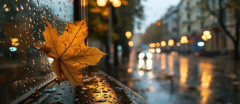 Autumn yellow leaf stuck to wet city window with street in background; captures autumn mood.