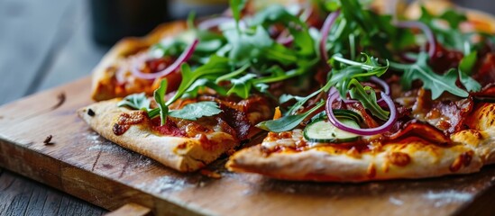 Bacon pizza topped with pickled cucumbers, red onion, and arugula on a cutting board.