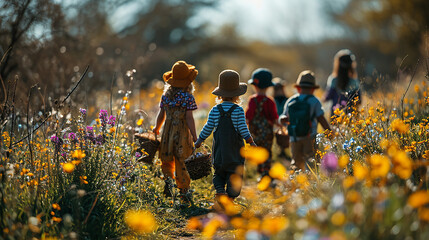 Kinder suchen Ostereier auf einer Frühlingswiese. 