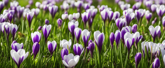 Purple and white crocuses blooming on a green meadow under the morning sun - Spring landscape banner with room for text