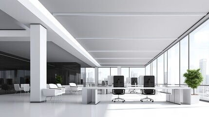 Contemporary office interior, bright with windows and city views. armchair, workplace and equipment.minimalist design