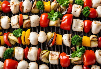 Grilled Vegetable Skewers with Mushrooms, Peppers, and Zucchini - obrazy, fototapety, plakaty