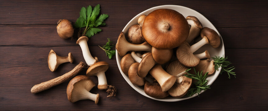 Fresh forest mushrooms, Boletus edulis (king bolete),  penny bun, cep, porcini, mushroom in an old bowl, plate and rosemary parsley herbs on the wooden dark brown table, top view background