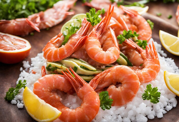 Argentinian red prawns with salad on chilled platter - obrazy, fototapety, plakaty