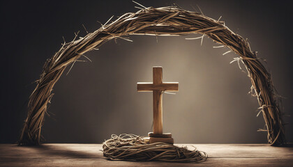 Symbolism of the cross and crown of thorns in relation to the suffering and resurrection of Jesus Christ, with a focus on Lent, Passion Week, and Easter traditions. - obrazy, fototapety, plakaty
