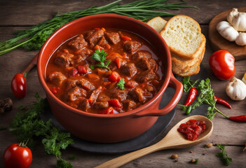Traditional Hungarian beef goulash with paprika - obrazy, fototapety, plakaty