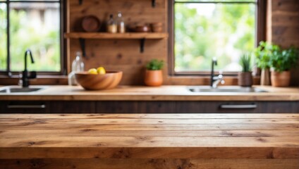 Blurred Kitchen Countertop, Wooden Table and Kitchen Tools on Empty Wooden Table Background