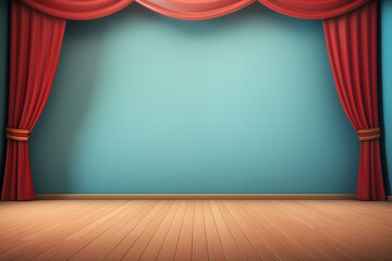 Cartoon theater stage with red curtains. Classic theatre scene for performance, opera, concert, dance or music show. Background, ai generative