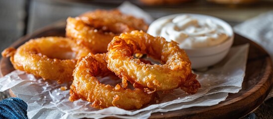 Snack food with onion ring, mayo dip, and napkin.