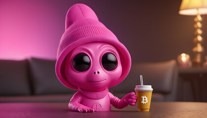 pink alien loves bitcoin