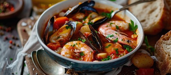 Experience the essence of the coast in each spoonful of French bouillabaisse. - obrazy, fototapety, plakaty