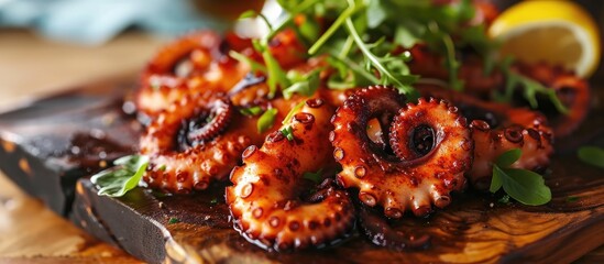 Spanish cuisine. Traditional Galician dish: paprika octopus on a wooden platter.