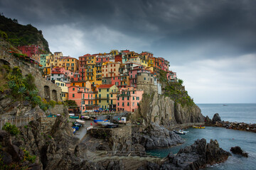 Fototapeta na wymiar Dramatic landscape of Manarola under the rain, Cinque Terre, Liguria, Italy