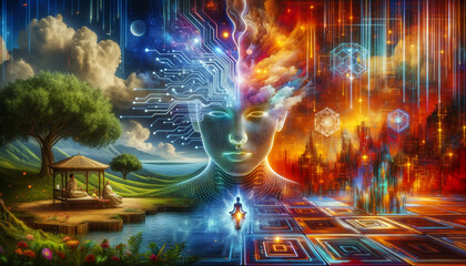 AI Healthcare: Serene face emits psychic waves in surreal landscape.